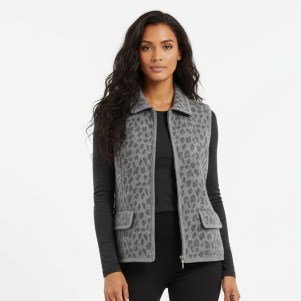 Lisa International Gray Sleeveless Animal Print Zip Up Wool Vest L